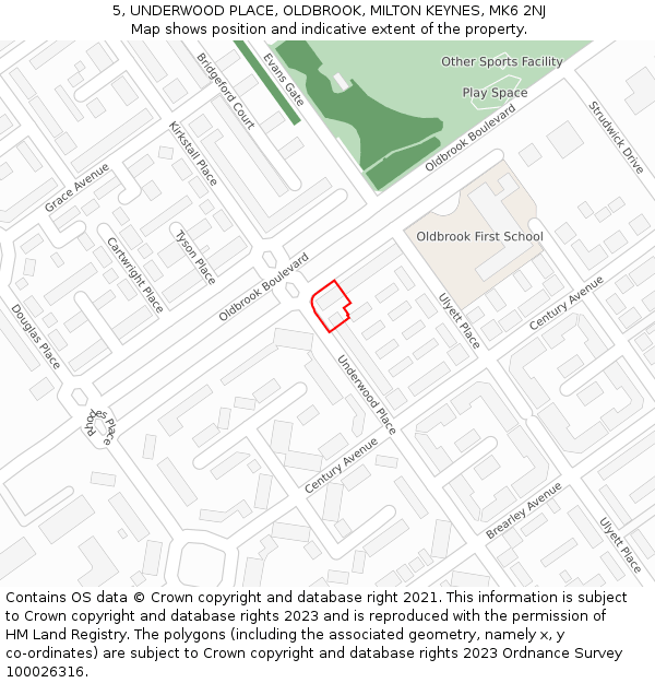 5, UNDERWOOD PLACE, OLDBROOK, MILTON KEYNES, MK6 2NJ: Location map and indicative extent of plot