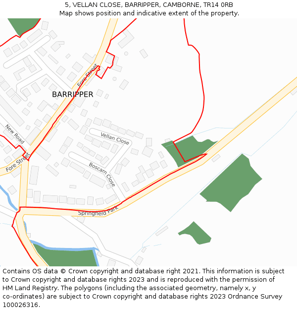 5, VELLAN CLOSE, BARRIPPER, CAMBORNE, TR14 0RB: Location map and indicative extent of plot
