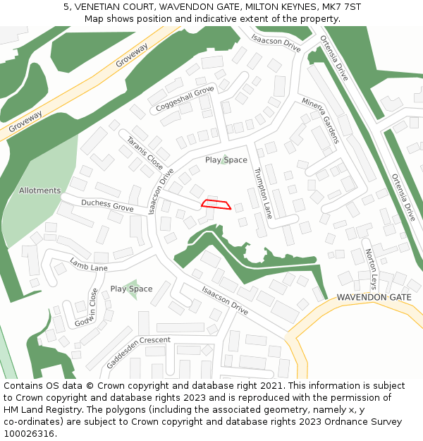 5, VENETIAN COURT, WAVENDON GATE, MILTON KEYNES, MK7 7ST: Location map and indicative extent of plot