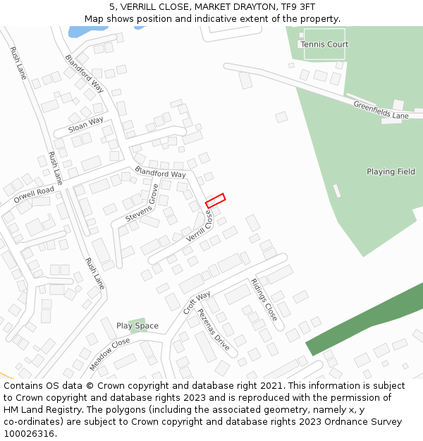 5, VERRILL CLOSE, MARKET DRAYTON, TF9 3FT: Location map and indicative extent of plot