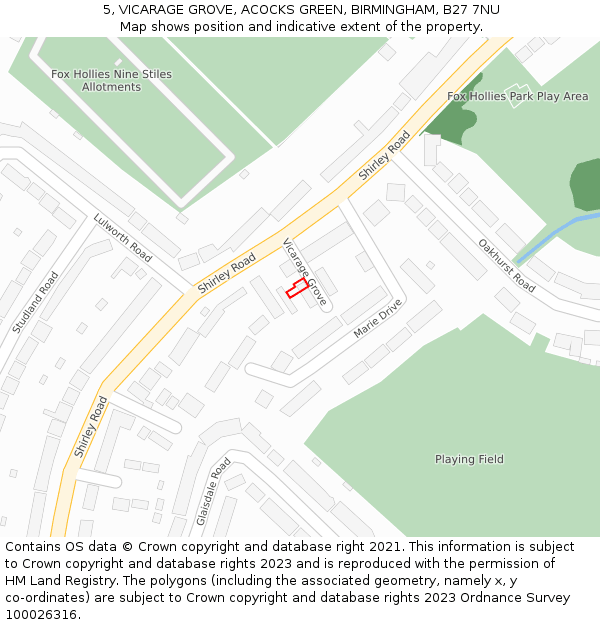 5, VICARAGE GROVE, ACOCKS GREEN, BIRMINGHAM, B27 7NU: Location map and indicative extent of plot