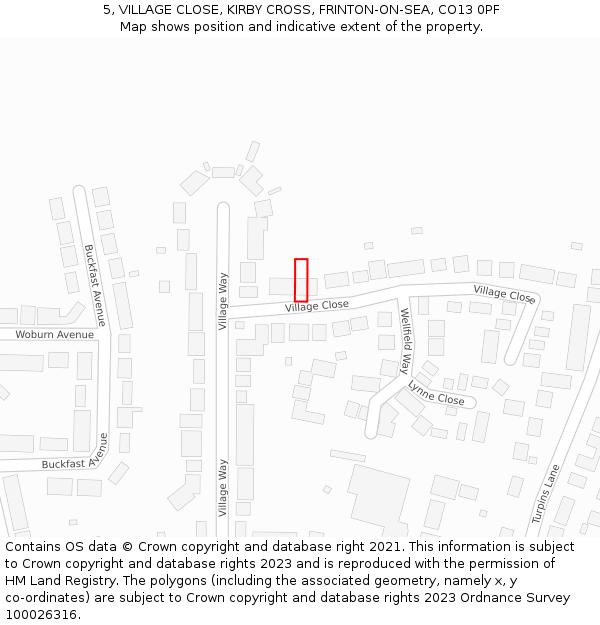 5, VILLAGE CLOSE, KIRBY CROSS, FRINTON-ON-SEA, CO13 0PF: Location map and indicative extent of plot