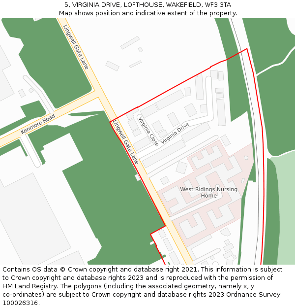5, VIRGINIA DRIVE, LOFTHOUSE, WAKEFIELD, WF3 3TA: Location map and indicative extent of plot
