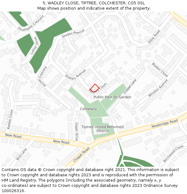 5, WADLEY CLOSE, TIPTREE, COLCHESTER, CO5 0SL: Location map and indicative extent of plot