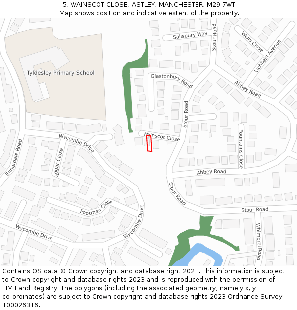 5, WAINSCOT CLOSE, ASTLEY, MANCHESTER, M29 7WT: Location map and indicative extent of plot
