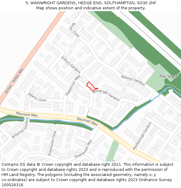 5, WAINWRIGHT GARDENS, HEDGE END, SOUTHAMPTON, SO30 2NF: Location map and indicative extent of plot