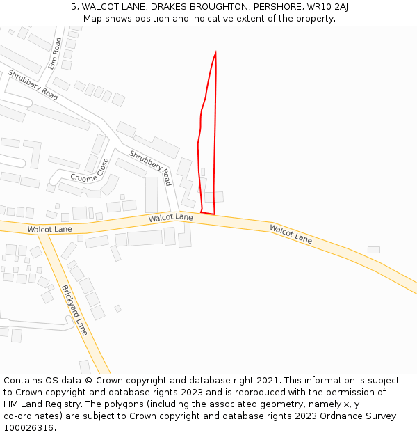 5, WALCOT LANE, DRAKES BROUGHTON, PERSHORE, WR10 2AJ: Location map and indicative extent of plot