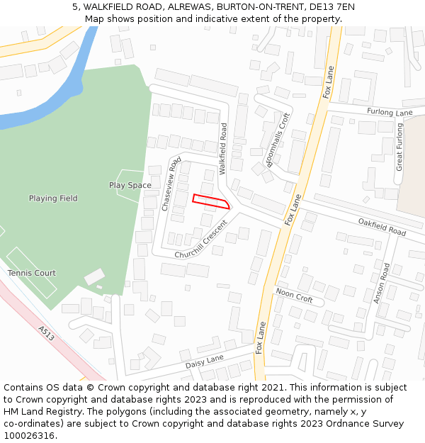 5, WALKFIELD ROAD, ALREWAS, BURTON-ON-TRENT, DE13 7EN: Location map and indicative extent of plot