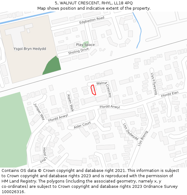 5, WALNUT CRESCENT, RHYL, LL18 4PQ: Location map and indicative extent of plot