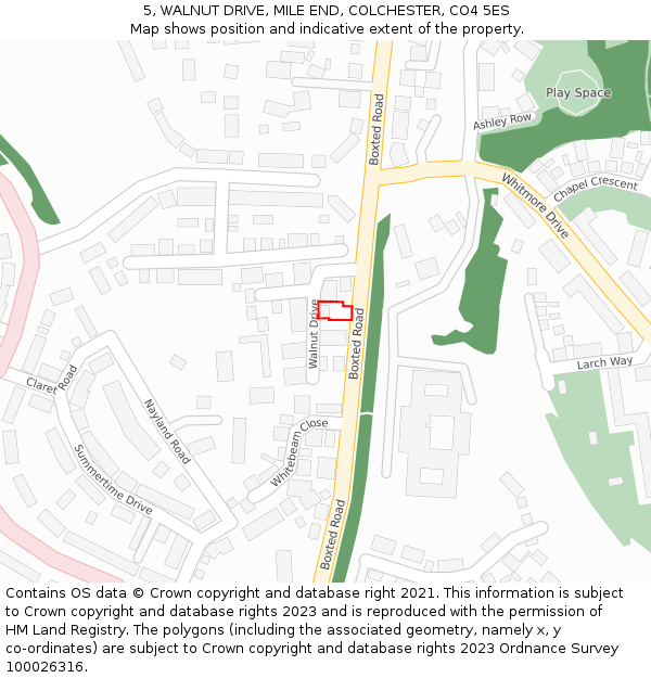 5, WALNUT DRIVE, MILE END, COLCHESTER, CO4 5ES: Location map and indicative extent of plot