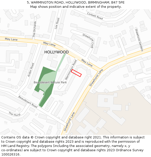 5, WARMINGTON ROAD, HOLLYWOOD, BIRMINGHAM, B47 5PE: Location map and indicative extent of plot