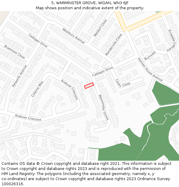 5, WARMINSTER GROVE, WIGAN, WN3 6JF: Location map and indicative extent of plot