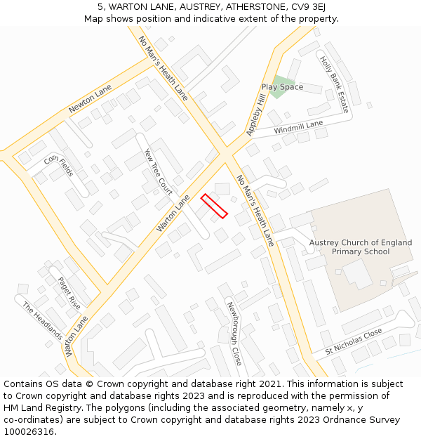 5, WARTON LANE, AUSTREY, ATHERSTONE, CV9 3EJ: Location map and indicative extent of plot