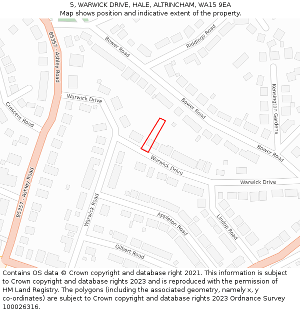 5, WARWICK DRIVE, HALE, ALTRINCHAM, WA15 9EA: Location map and indicative extent of plot