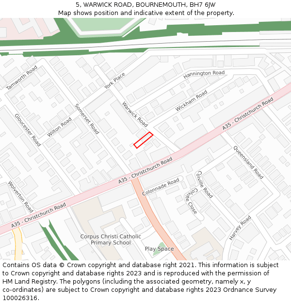 5, WARWICK ROAD, BOURNEMOUTH, BH7 6JW: Location map and indicative extent of plot