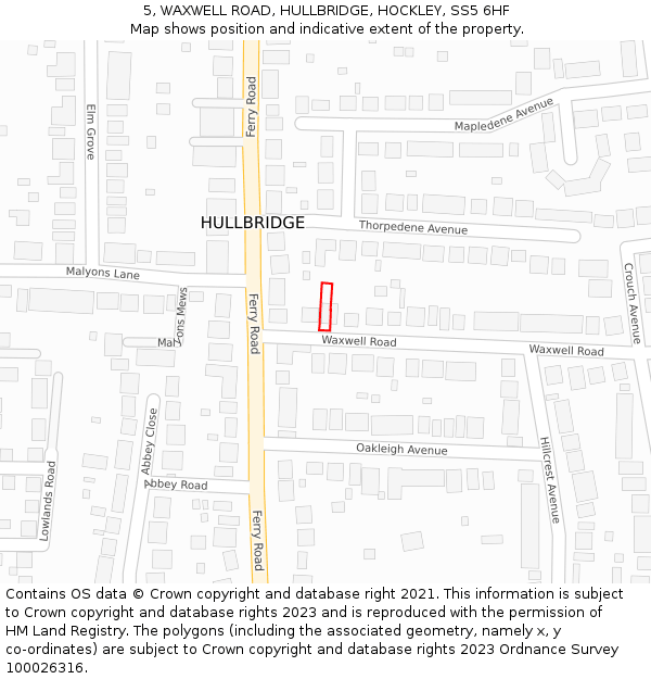 5, WAXWELL ROAD, HULLBRIDGE, HOCKLEY, SS5 6HF: Location map and indicative extent of plot