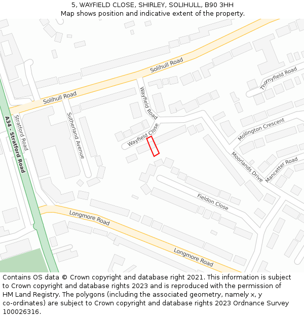 5, WAYFIELD CLOSE, SHIRLEY, SOLIHULL, B90 3HH: Location map and indicative extent of plot
