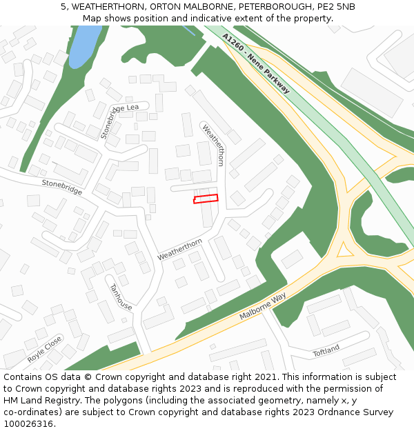 5, WEATHERTHORN, ORTON MALBORNE, PETERBOROUGH, PE2 5NB: Location map and indicative extent of plot