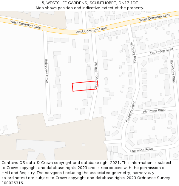 5, WESTCLIFF GARDENS, SCUNTHORPE, DN17 1DT: Location map and indicative extent of plot