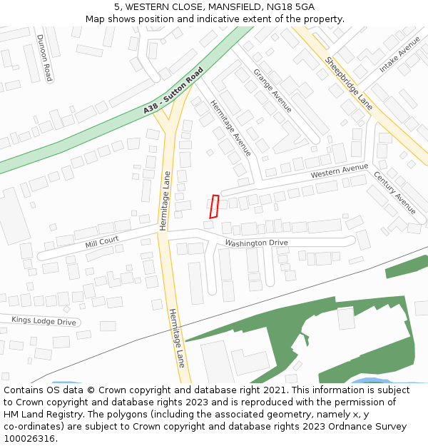 5, WESTERN CLOSE, MANSFIELD, NG18 5GA: Location map and indicative extent of plot