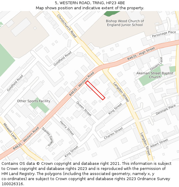 5, WESTERN ROAD, TRING, HP23 4BE: Location map and indicative extent of plot