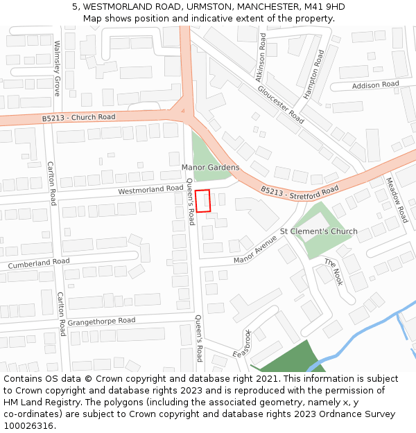 5, WESTMORLAND ROAD, URMSTON, MANCHESTER, M41 9HD: Location map and indicative extent of plot