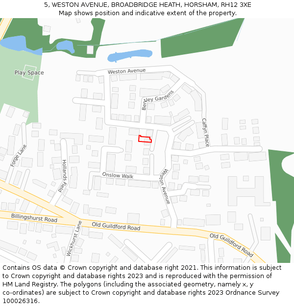 5, WESTON AVENUE, BROADBRIDGE HEATH, HORSHAM, RH12 3XE: Location map and indicative extent of plot