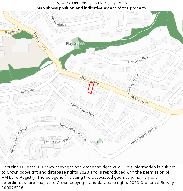 5, WESTON LANE, TOTNES, TQ9 5UN: Location map and indicative extent of plot