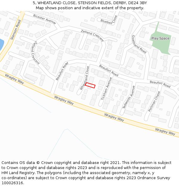 5, WHEATLAND CLOSE, STENSON FIELDS, DERBY, DE24 3BY: Location map and indicative extent of plot