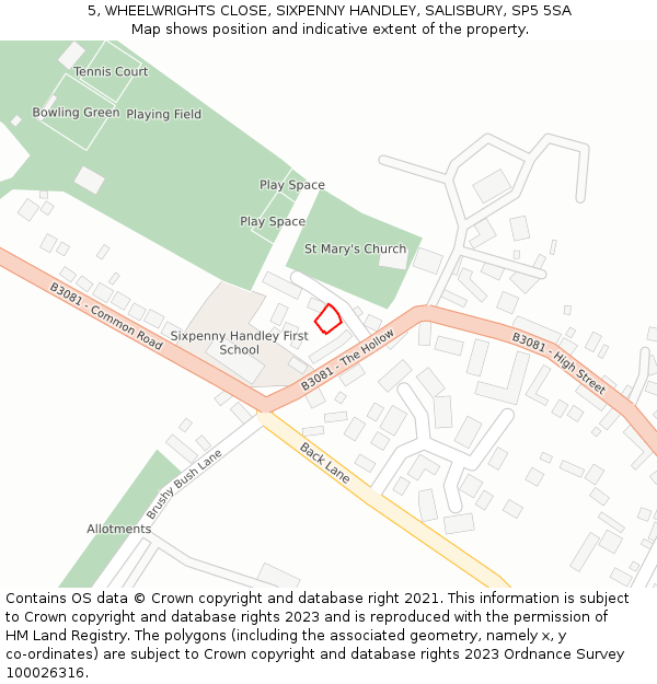 5, WHEELWRIGHTS CLOSE, SIXPENNY HANDLEY, SALISBURY, SP5 5SA: Location map and indicative extent of plot