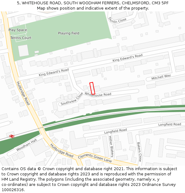 5, WHITEHOUSE ROAD, SOUTH WOODHAM FERRERS, CHELMSFORD, CM3 5PF: Location map and indicative extent of plot