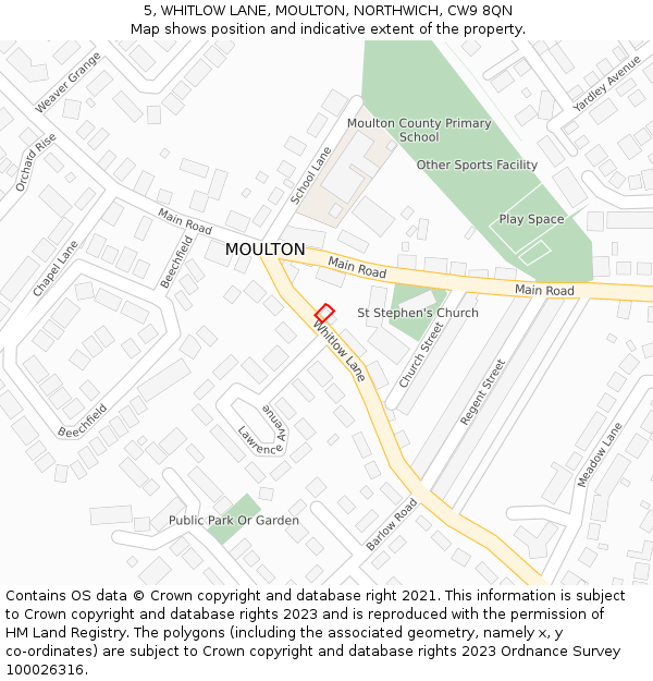 5, WHITLOW LANE, MOULTON, NORTHWICH, CW9 8QN: Location map and indicative extent of plot