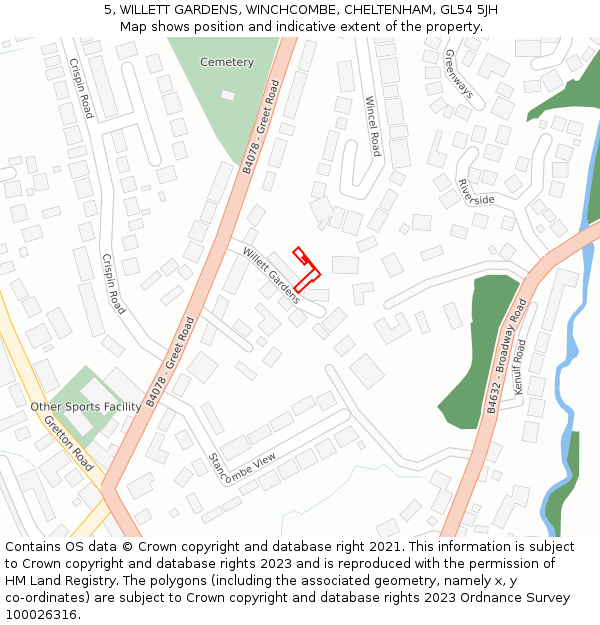 5, WILLETT GARDENS, WINCHCOMBE, CHELTENHAM, GL54 5JH: Location map and indicative extent of plot