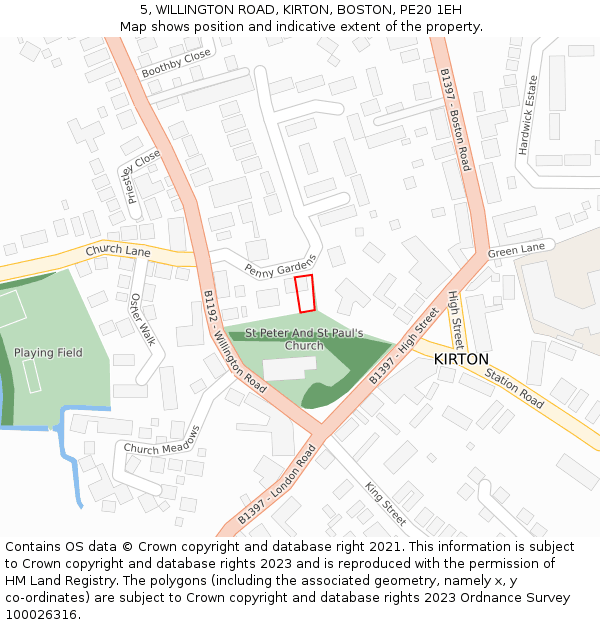 5, WILLINGTON ROAD, KIRTON, BOSTON, PE20 1EH: Location map and indicative extent of plot