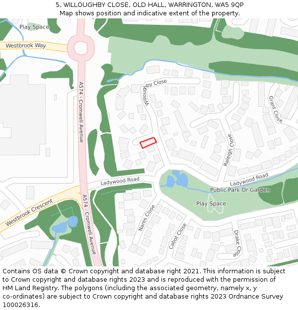 5, WILLOUGHBY CLOSE, OLD HALL, WARRINGTON, WA5 9QP: Location map and indicative extent of plot