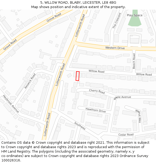 5, WILLOW ROAD, BLABY, LEICESTER, LE8 4BG: Location map and indicative extent of plot