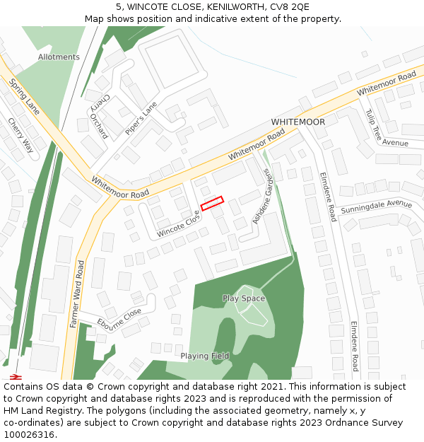 5, WINCOTE CLOSE, KENILWORTH, CV8 2QE: Location map and indicative extent of plot