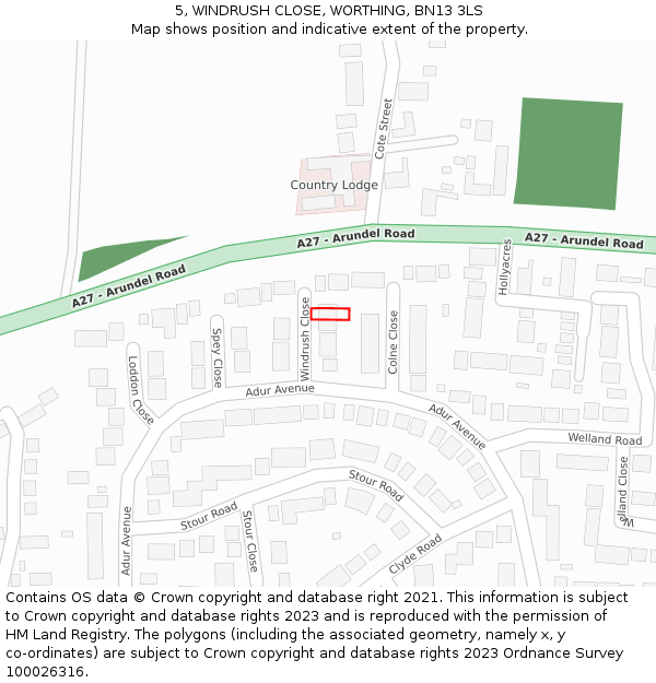 5, WINDRUSH CLOSE, WORTHING, BN13 3LS: Location map and indicative extent of plot