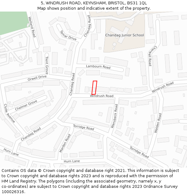 5, WINDRUSH ROAD, KEYNSHAM, BRISTOL, BS31 1QL: Location map and indicative extent of plot