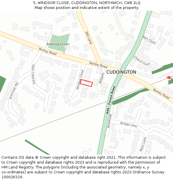 5, WINDSOR CLOSE, CUDDINGTON, NORTHWICH, CW8 2LQ: Location map and indicative extent of plot