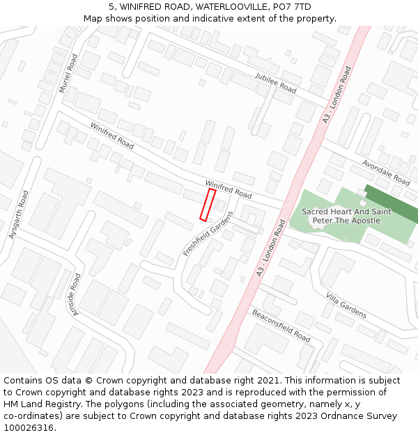 5, WINIFRED ROAD, WATERLOOVILLE, PO7 7TD: Location map and indicative extent of plot