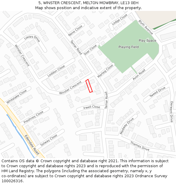 5, WINSTER CRESCENT, MELTON MOWBRAY, LE13 0EH: Location map and indicative extent of plot