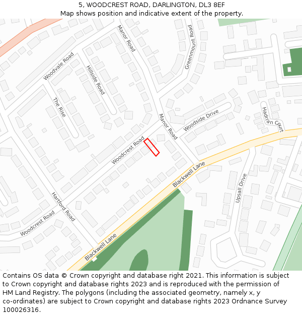 5, WOODCREST ROAD, DARLINGTON, DL3 8EF: Location map and indicative extent of plot