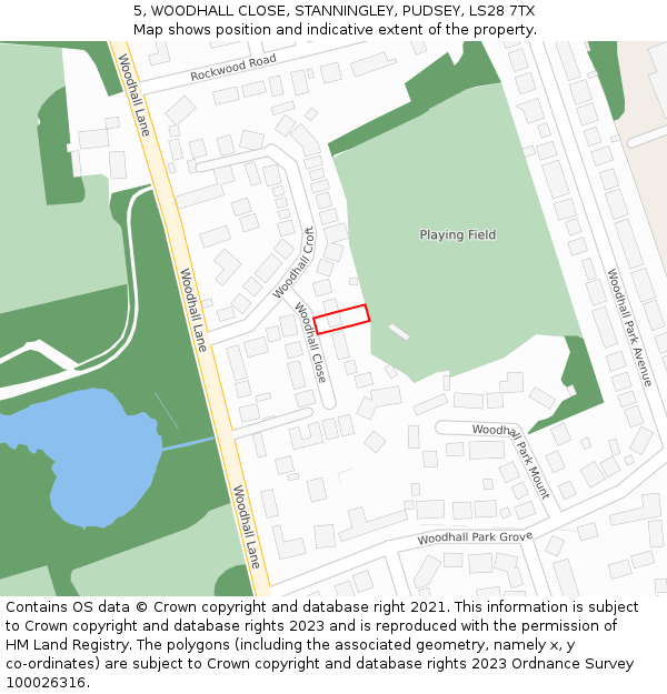 5, WOODHALL CLOSE, STANNINGLEY, PUDSEY, LS28 7TX: Location map and indicative extent of plot