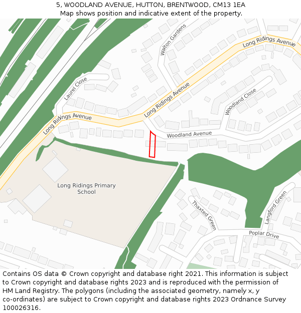 5, WOODLAND AVENUE, HUTTON, BRENTWOOD, CM13 1EA: Location map and indicative extent of plot