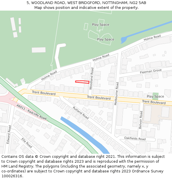 5, WOODLAND ROAD, WEST BRIDGFORD, NOTTINGHAM, NG2 5AB: Location map and indicative extent of plot