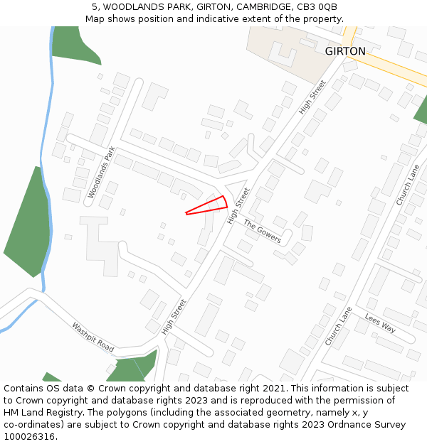 5, WOODLANDS PARK, GIRTON, CAMBRIDGE, CB3 0QB: Location map and indicative extent of plot