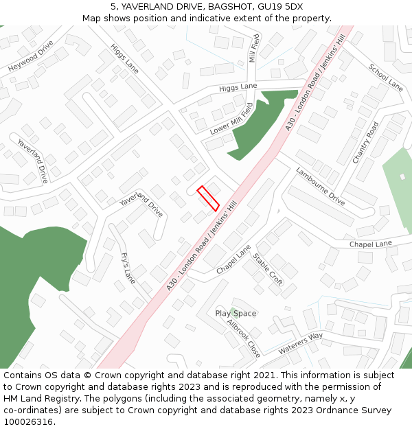 5, YAVERLAND DRIVE, BAGSHOT, GU19 5DX: Location map and indicative extent of plot