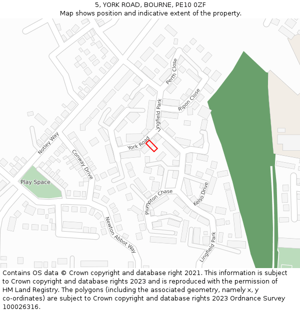 5, YORK ROAD, BOURNE, PE10 0ZF: Location map and indicative extent of plot