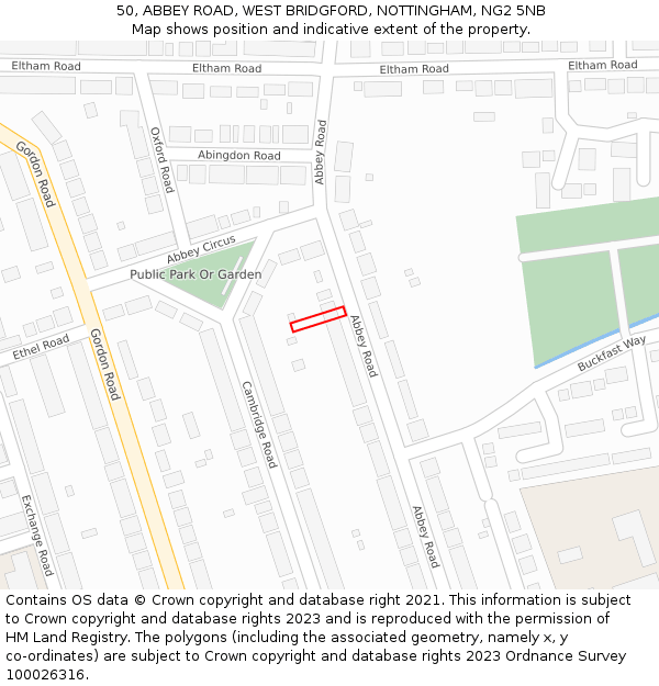 50, ABBEY ROAD, WEST BRIDGFORD, NOTTINGHAM, NG2 5NB: Location map and indicative extent of plot